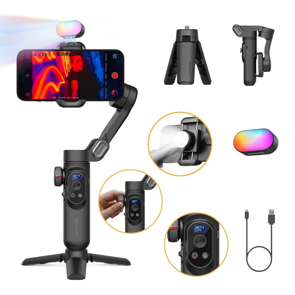 X Pro  - 3 Axis Smartphone Gimbal Stabilizer with RGB Fill Light – Foldable Tripod Kit for Stable Video, Vlogging, and Content Creation