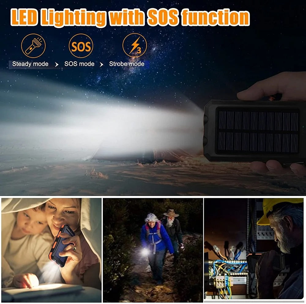 Solar Power Bank 80000mAh – Waterproof Portable Charger with Dual Flashlight & Compass