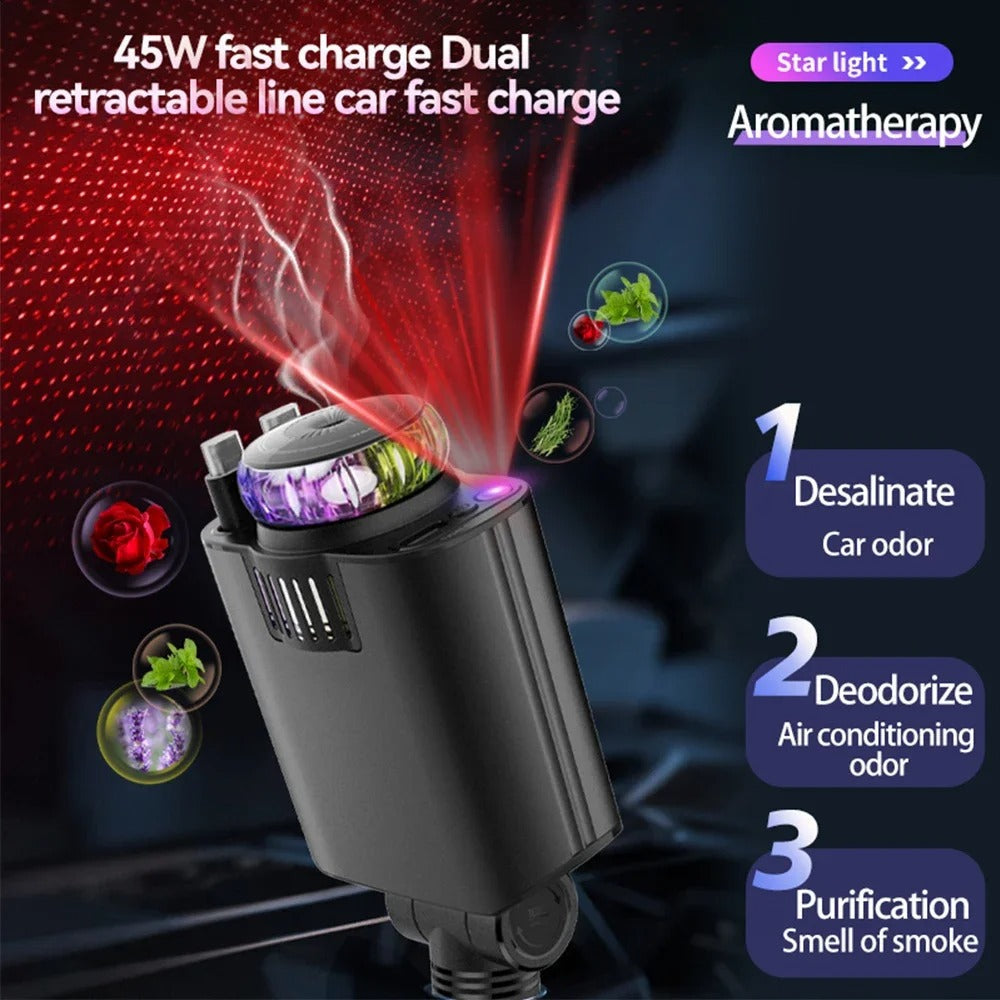5-in-1 - 45W Fast Car Charger with USB-C, Starlight LED, Aromatherapy & Air Freshener – For iOS & Android